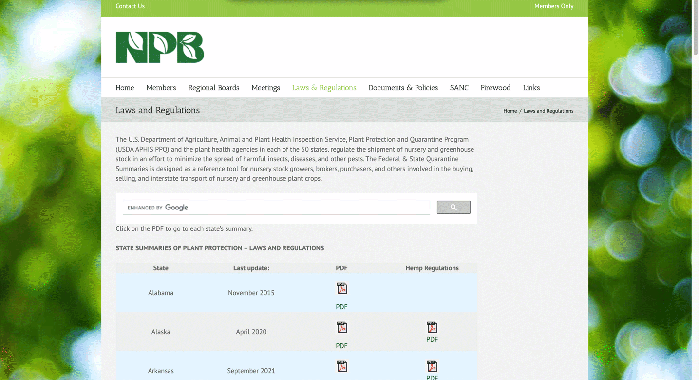 The National Plant Board has a database for finding state plant shipping restrictions.