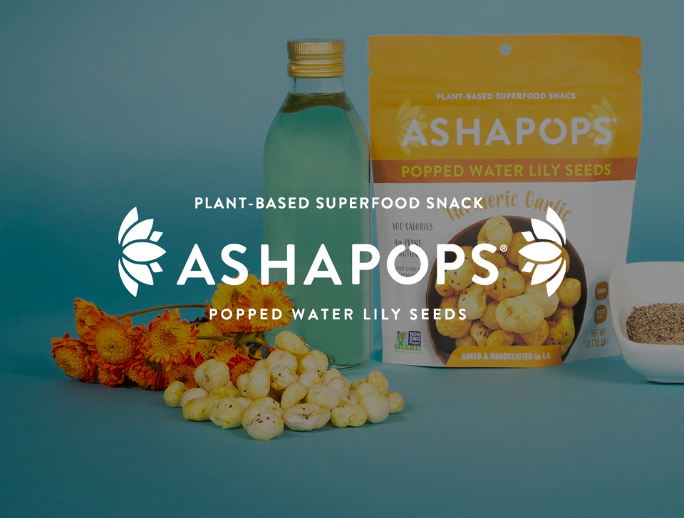 ShippingEasy user, AshaPops, white logo overlayed on photo of their products displayed on blue background