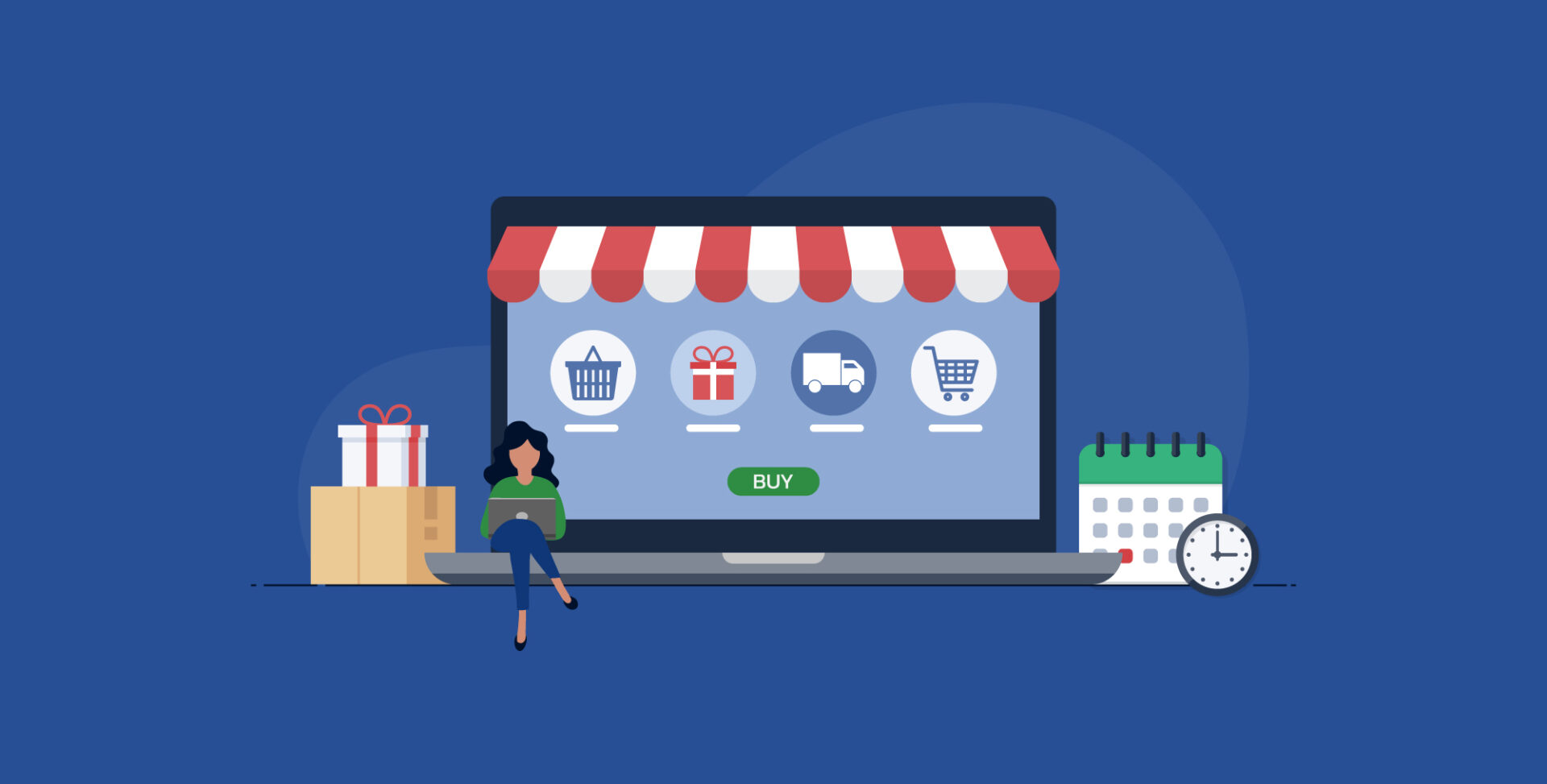 A woman sits in front of a large computer screen with an awning by a stack of boxes on one side of the screen while a calendar and clock sit on the other side.