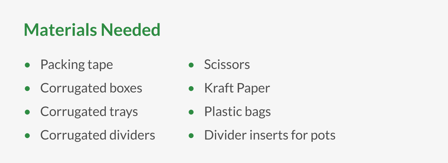 We recommend having several shipping supplies on hand when shipping plants including corrugated boxes, scissors, and Kraft paper. 