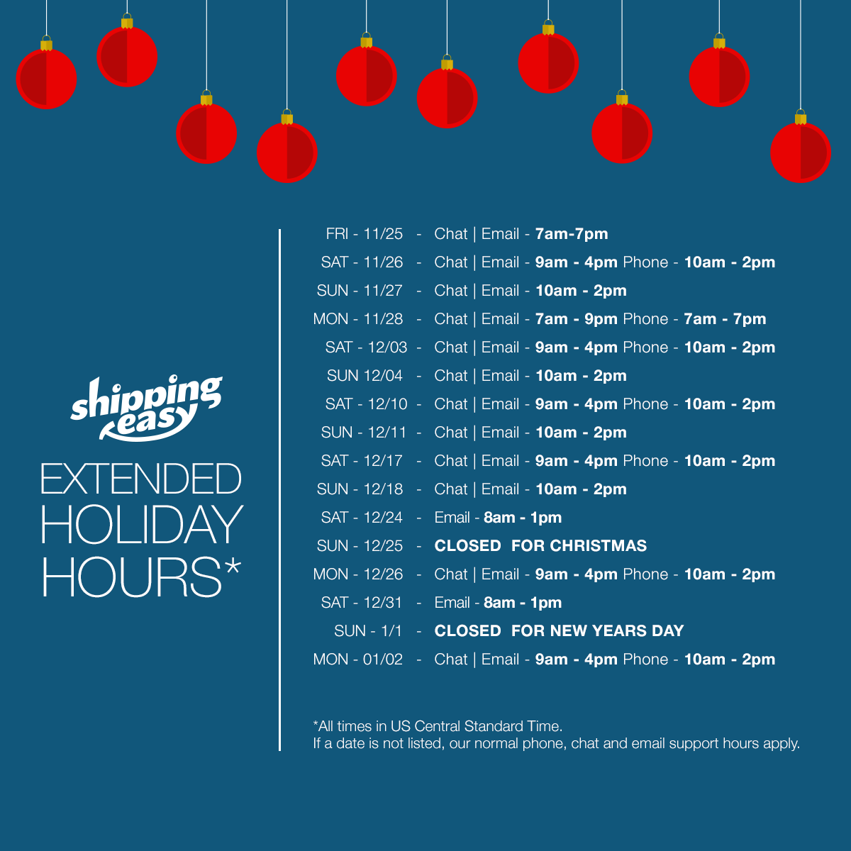 ShippingEasy Holiday Customer Support Hours 2016