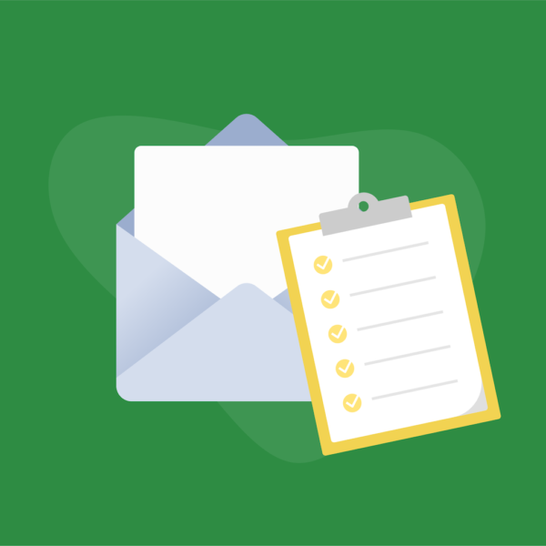 Envelope with paper inside next to a checklist on a clipboard