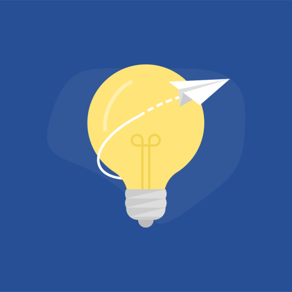 Light bulb with paper airplane flying around it