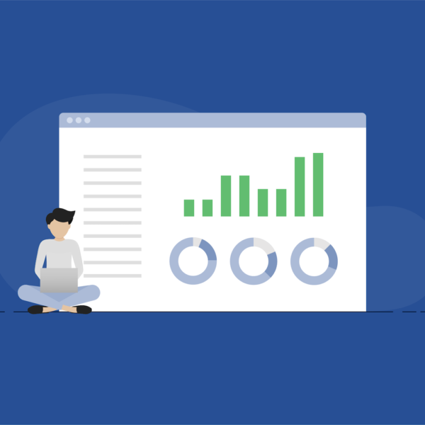 Animated man with metrics of bar and circle graphs