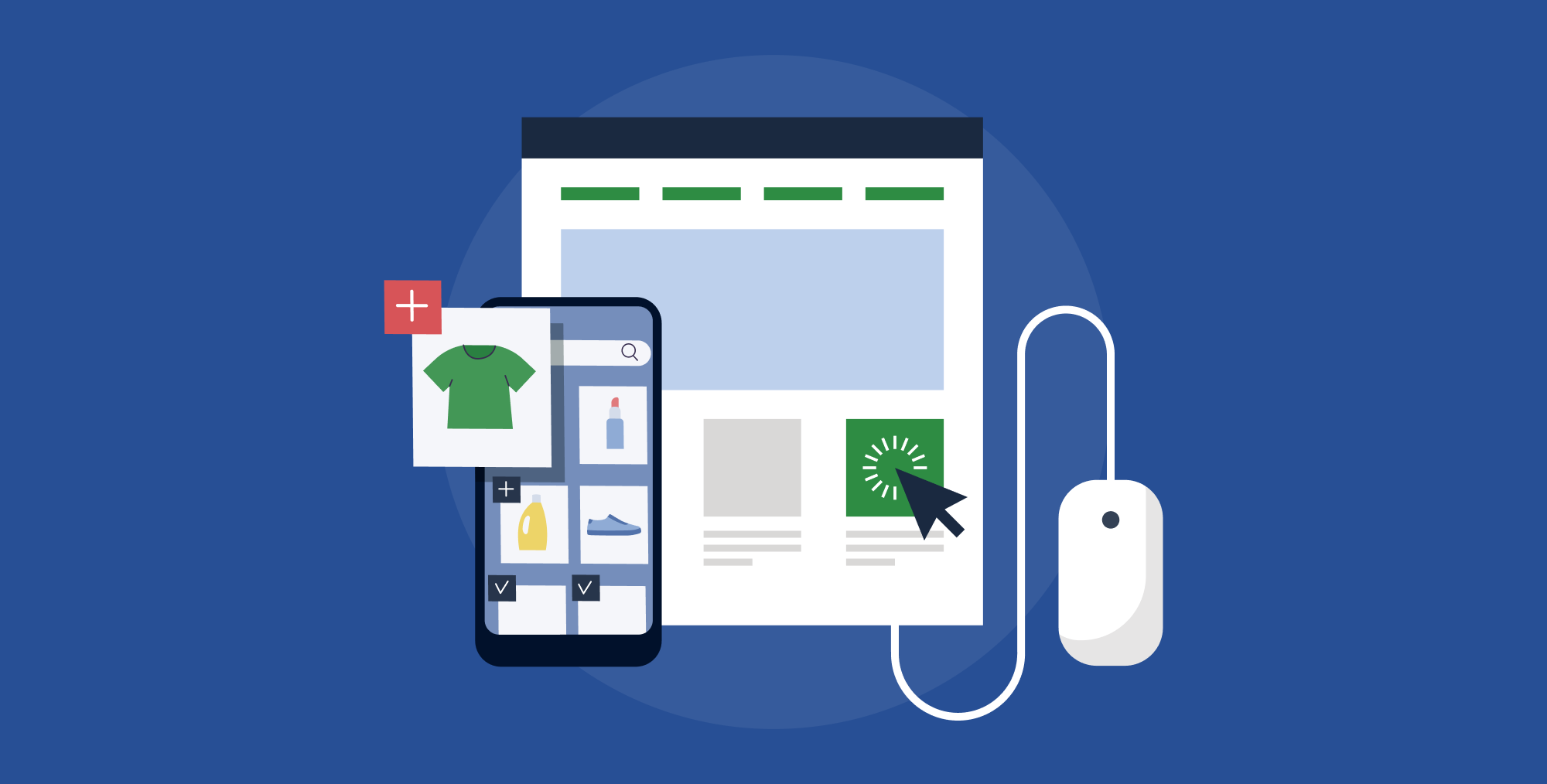 A phone and mouse sit on either side of a computer to represent online shopping and retail.