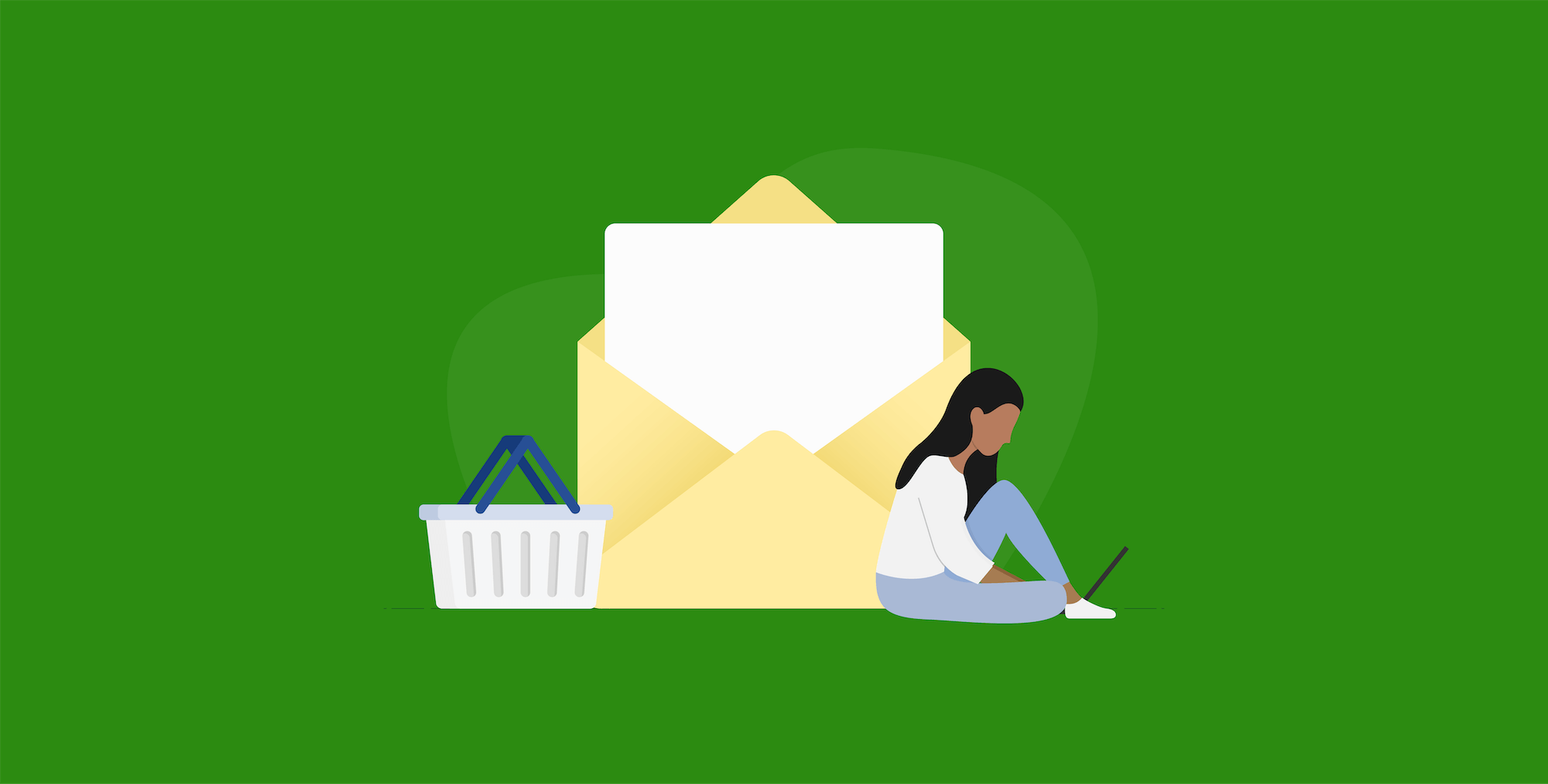 Envelope with paper inside next to a woman on a computer and shopping bag