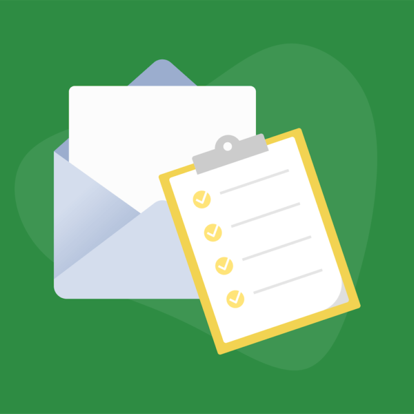 Envelope with paper inside next to a checklist on a clipboard