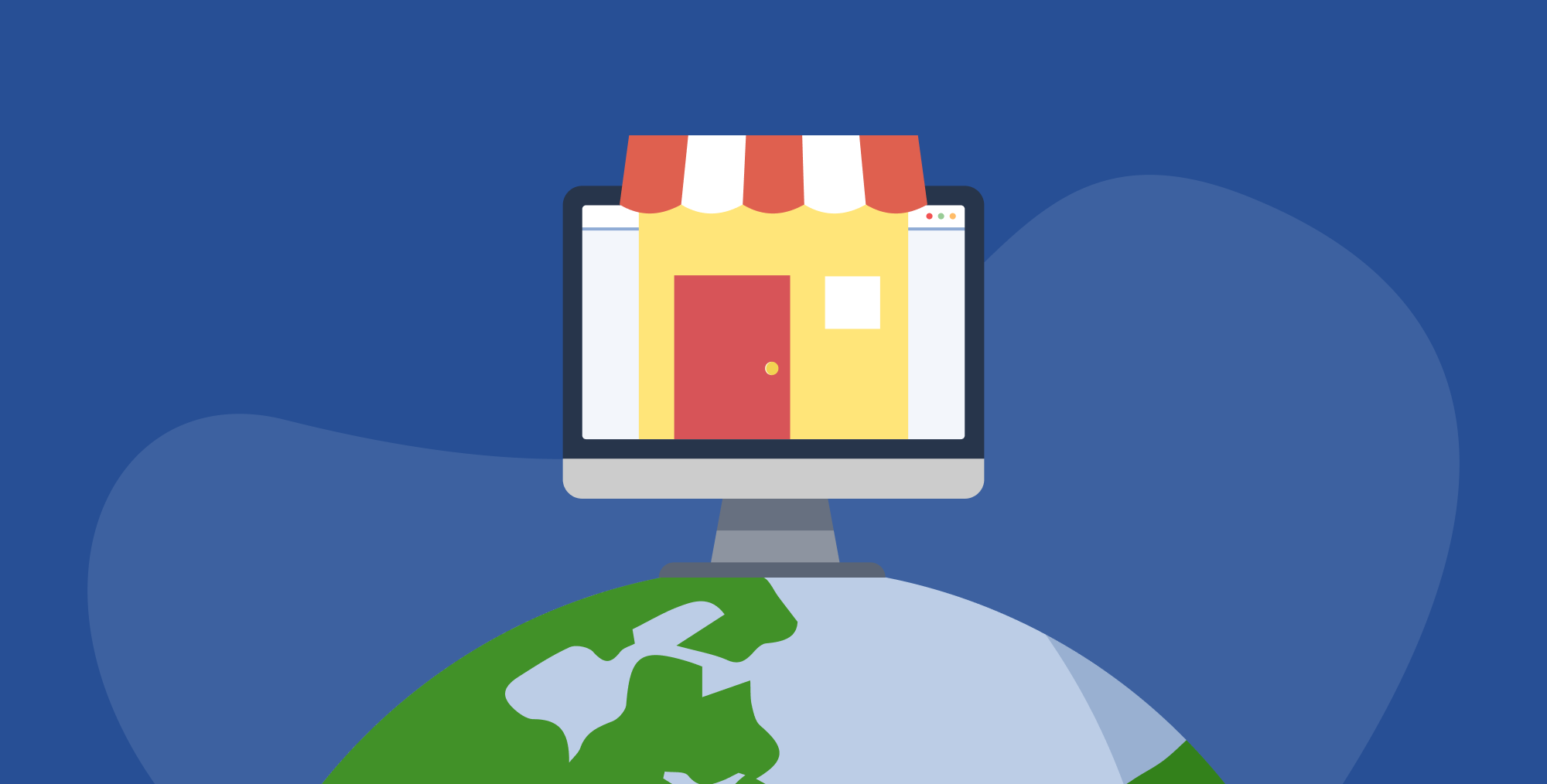 A computer screen with an marketplace to present online marketplaces sits on top of the globe.