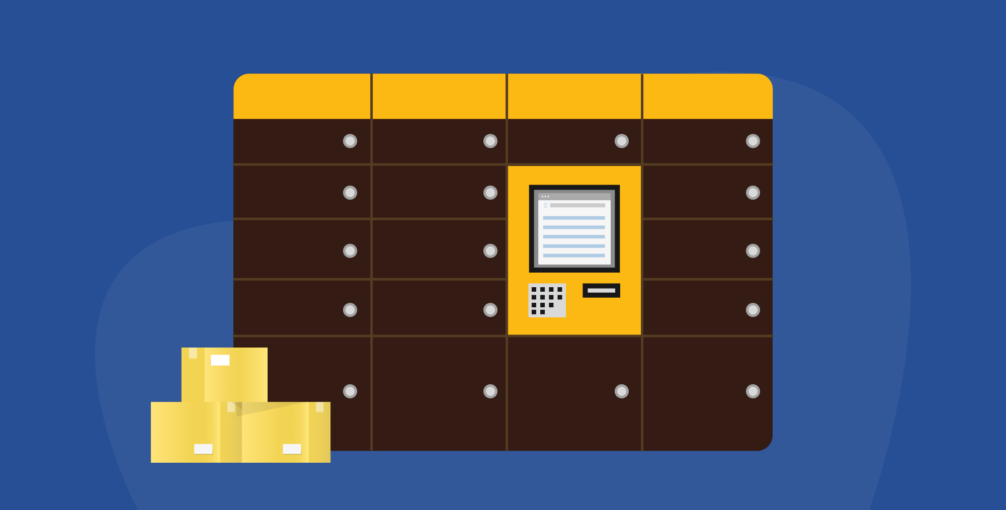 A shipping pickup location set of lockers with several packages sitting in front of it