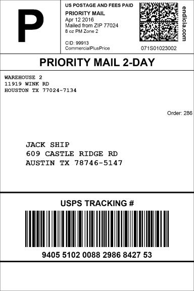 Example of a USPS Priority Mail shipping label