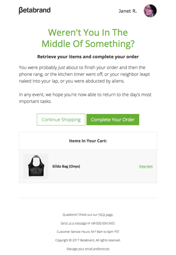 Abandoned cart email example Betabrand