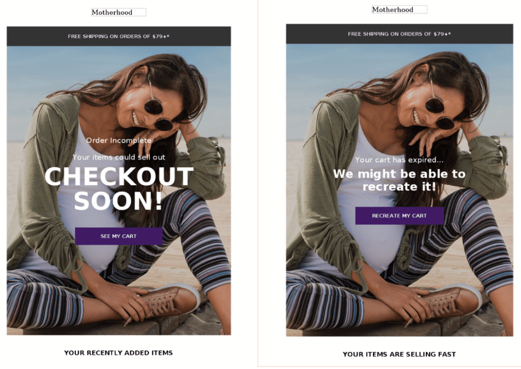 Abandoned cart email example Motherhood