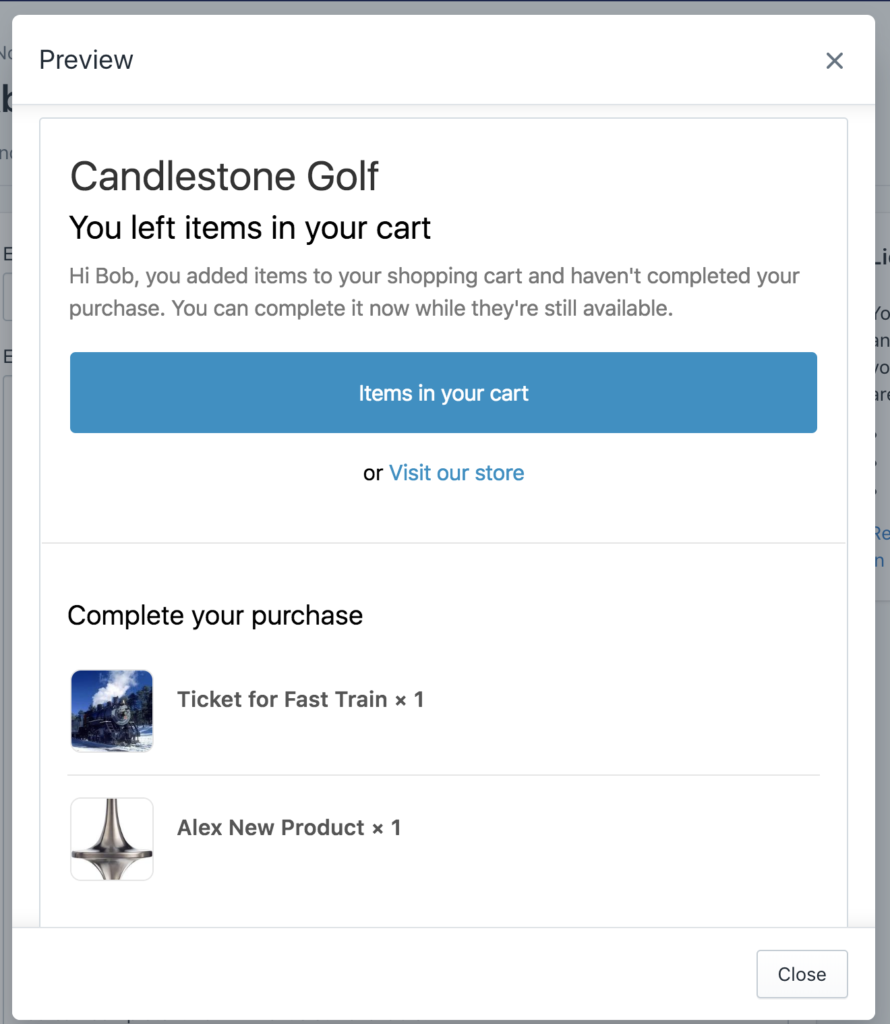 Shopify abandoned cart emails example