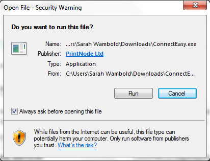 Select Run when prompted on the dialogue box.