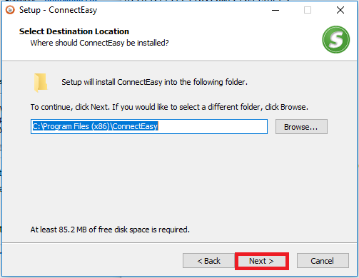 We recommend selecting the default location and then clicking next. 